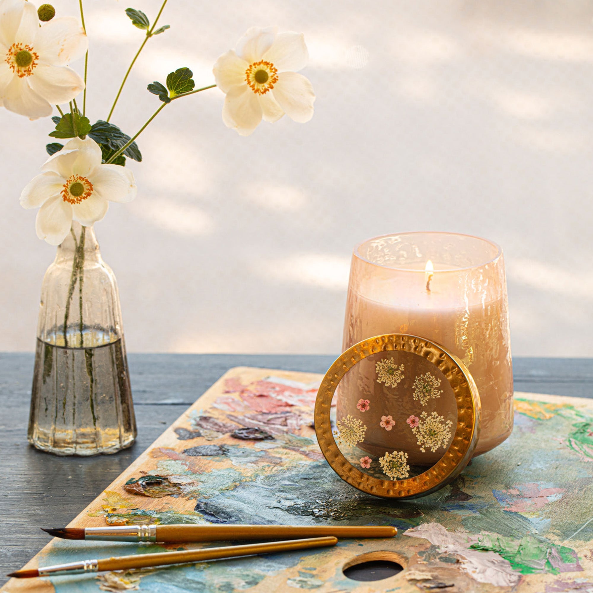 Rose + Oud Tall Watercolor Pressed Floral Candle