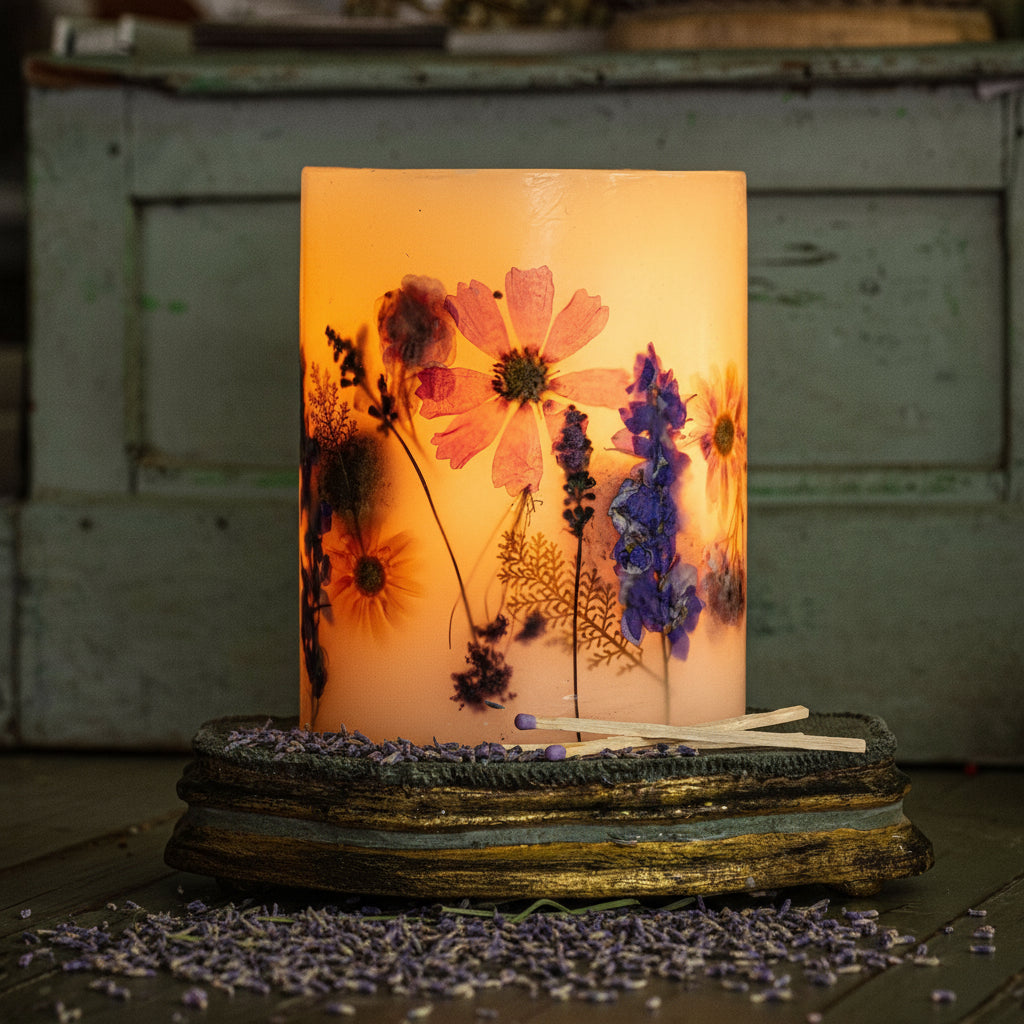 Decorative candle with floral design on a wooden surface, featuring a book titled 'Rosy Rings'.