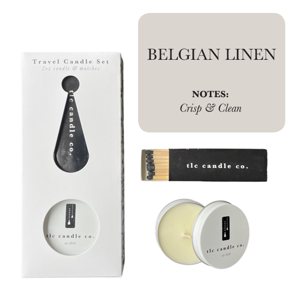 2oz Travel Candle with Matches - Belgian Linen